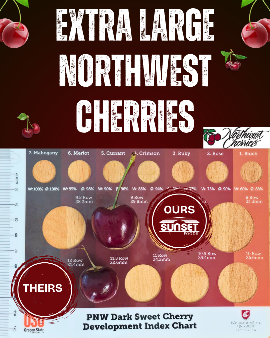 Chart compares cherry sizes, highlighting Sunset Foods' larger 'OURS' cherries against smaller 'THEIRS' cherries.