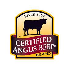 Certified Angus Beef brand logo featuring black cow silhouette and gold shield, established since 1976