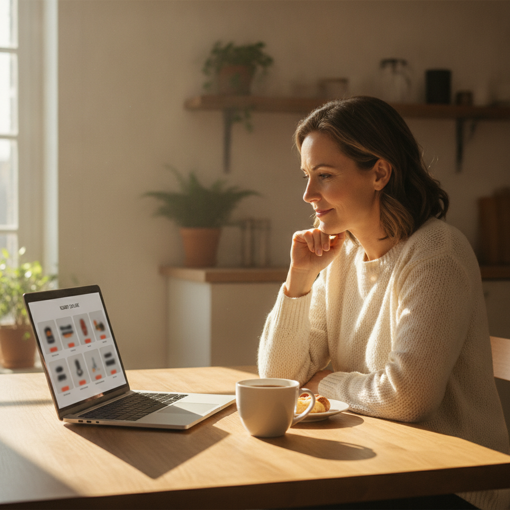 Warm editorial lifestyle photo in a quiet apartment, a different customer in their 40s seated at a kitchen table looking at a laptop showing a generic local search recommendation with simple unreadable result cards, thoughtful pleased expression, coffee nearby, natural window light, no storefront, no holograms, no logos, not a branded product interface, no readable text