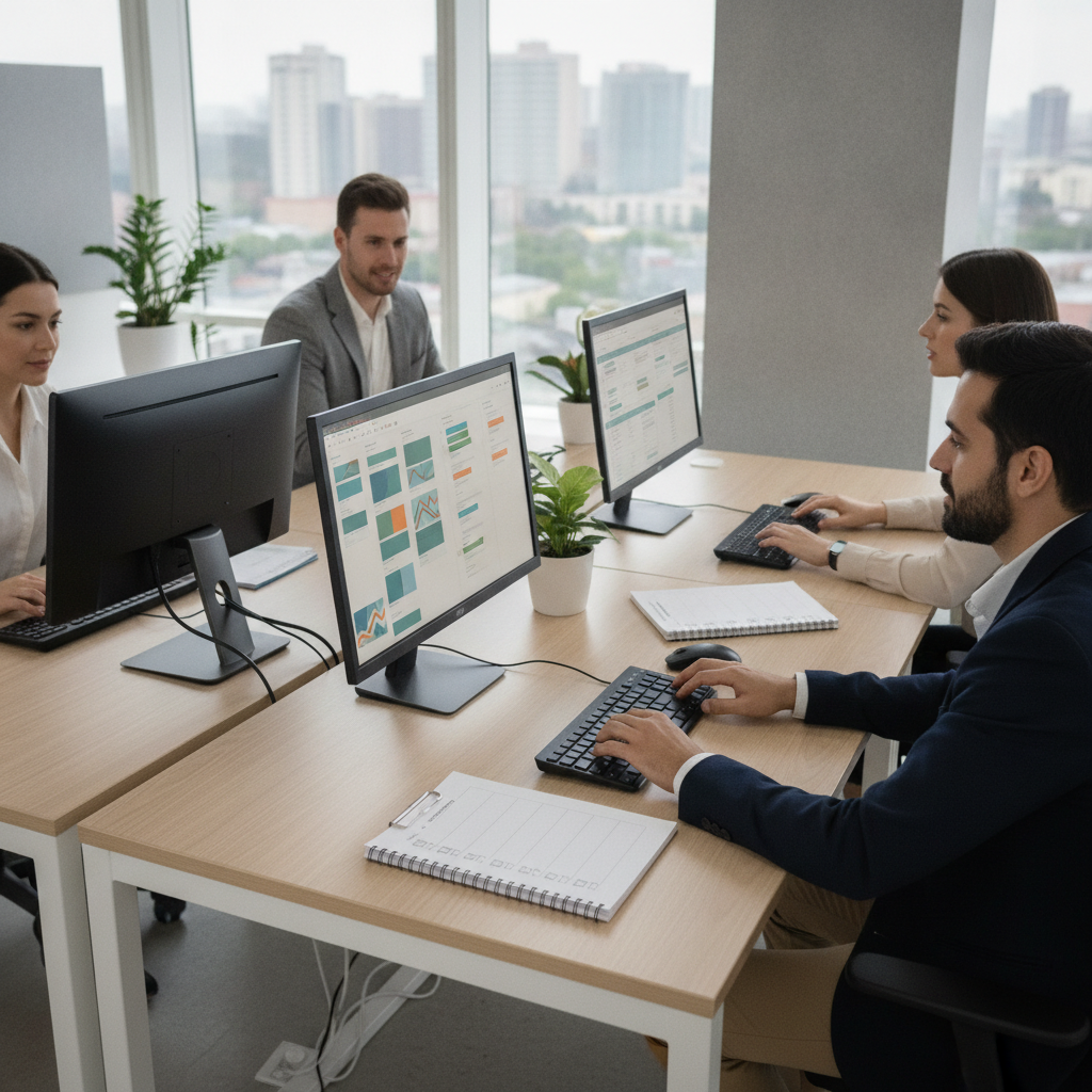Documentary editorial photo of a small operations team at desks in a bright modern office, hands on keyboard beside a printed checklist and notebook, one monitor with abstract charts and simple non-branded shapes, collaborative workflow and focus, distinct office operations scene, no storefront, no holograms, no logos, no readable text, not a fake product UI