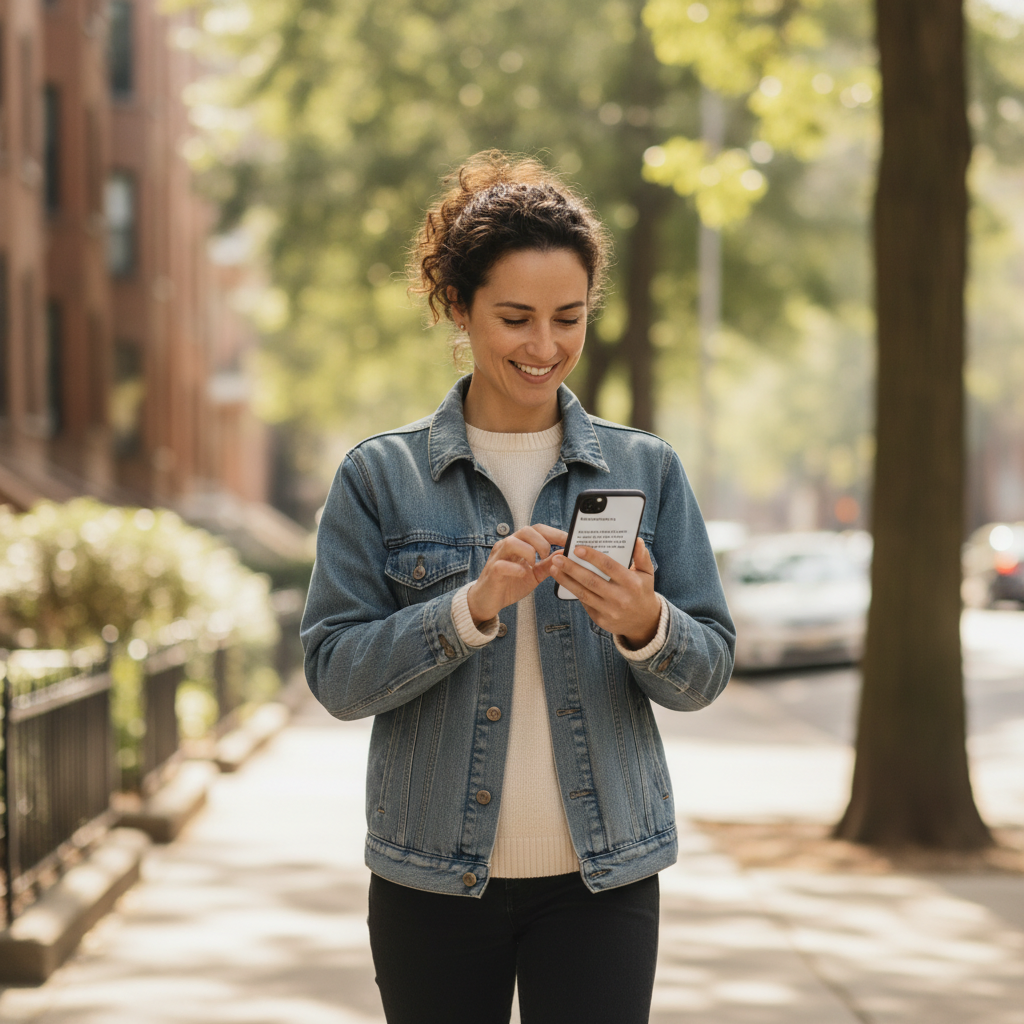 Lifestyle editorial photograph of a different person outdoors on a sunny neighborhood sidewalk, casually holding a smartphone and reading an AI search answer, natural candid moment, trees and city street softly blurred, warm daylight, no storefront focus, no holograms, no overlays, no text, no logos