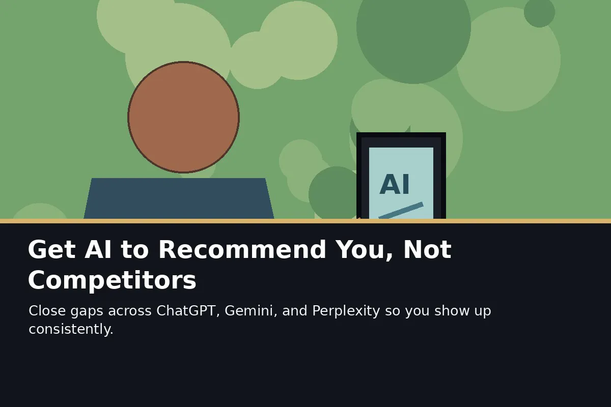 Person views a screen displaying 'AI' above text: 'Get AI to Recommend You, Not Competitors. Close gaps across ChatGPT, Ge...