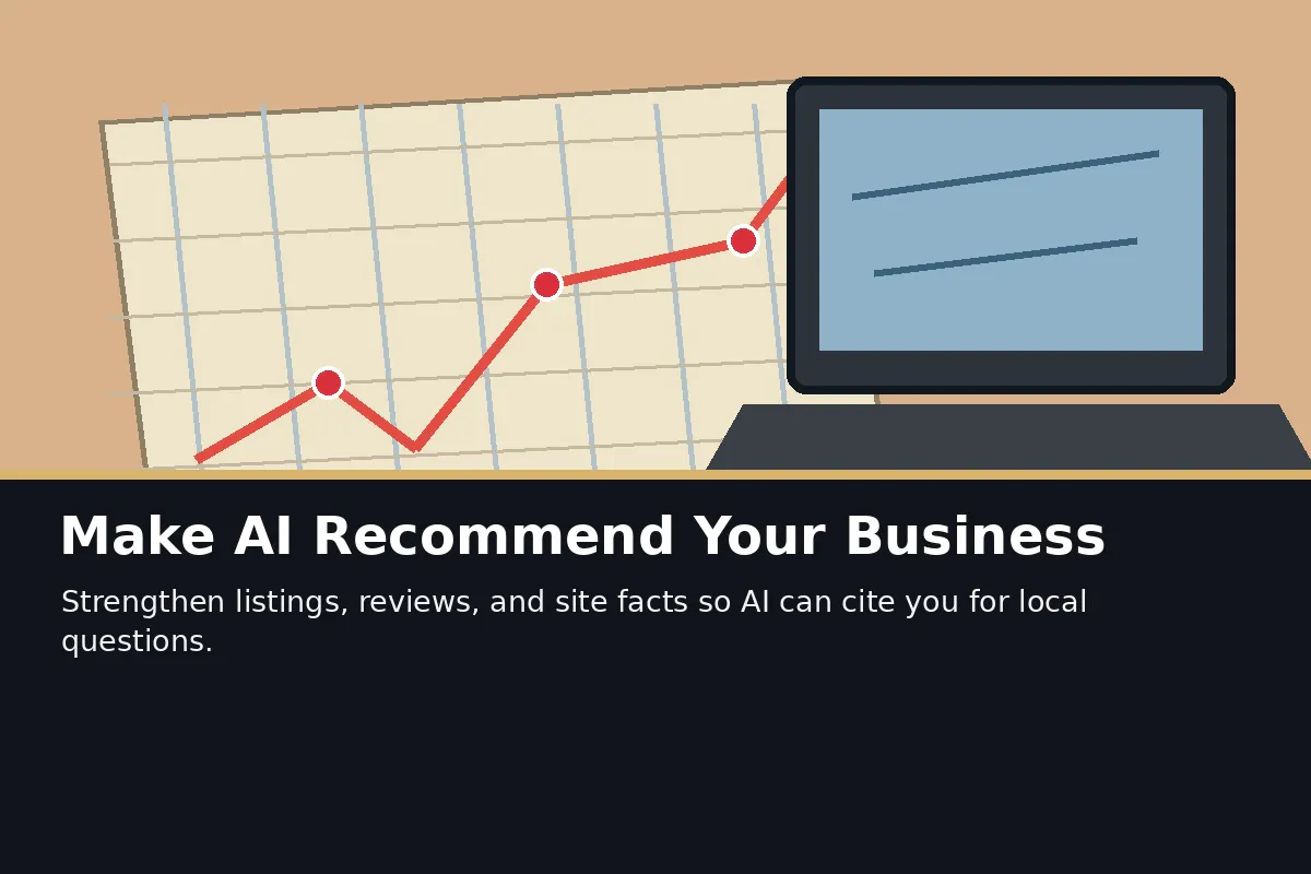 Line graph shows increasing recommendations on a computer screen. Text: Make AI Recommend Your Business.